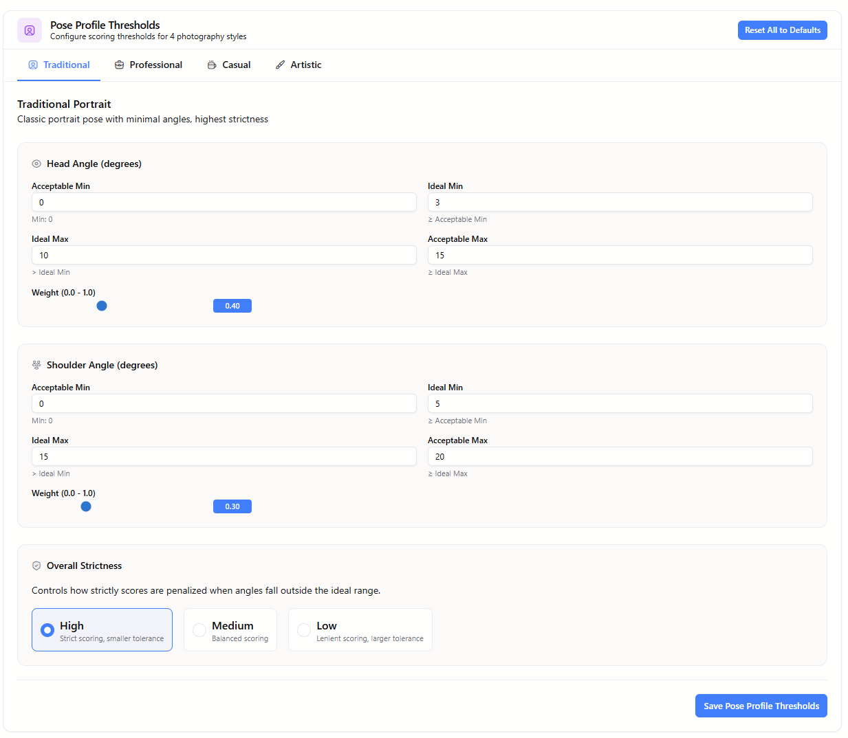 Pose Profiles Settings Interface